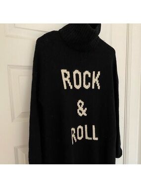 Zadig & Voltaire Black Turtleneck Sweater with White 'Rock & Roll' Intarsia